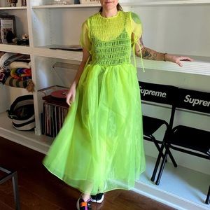 Sandy Liang Spring 2020 sheer neon suphur smocked midi dress - SZ M